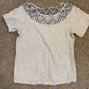 Navy and White Striped Blouse with Collar Details